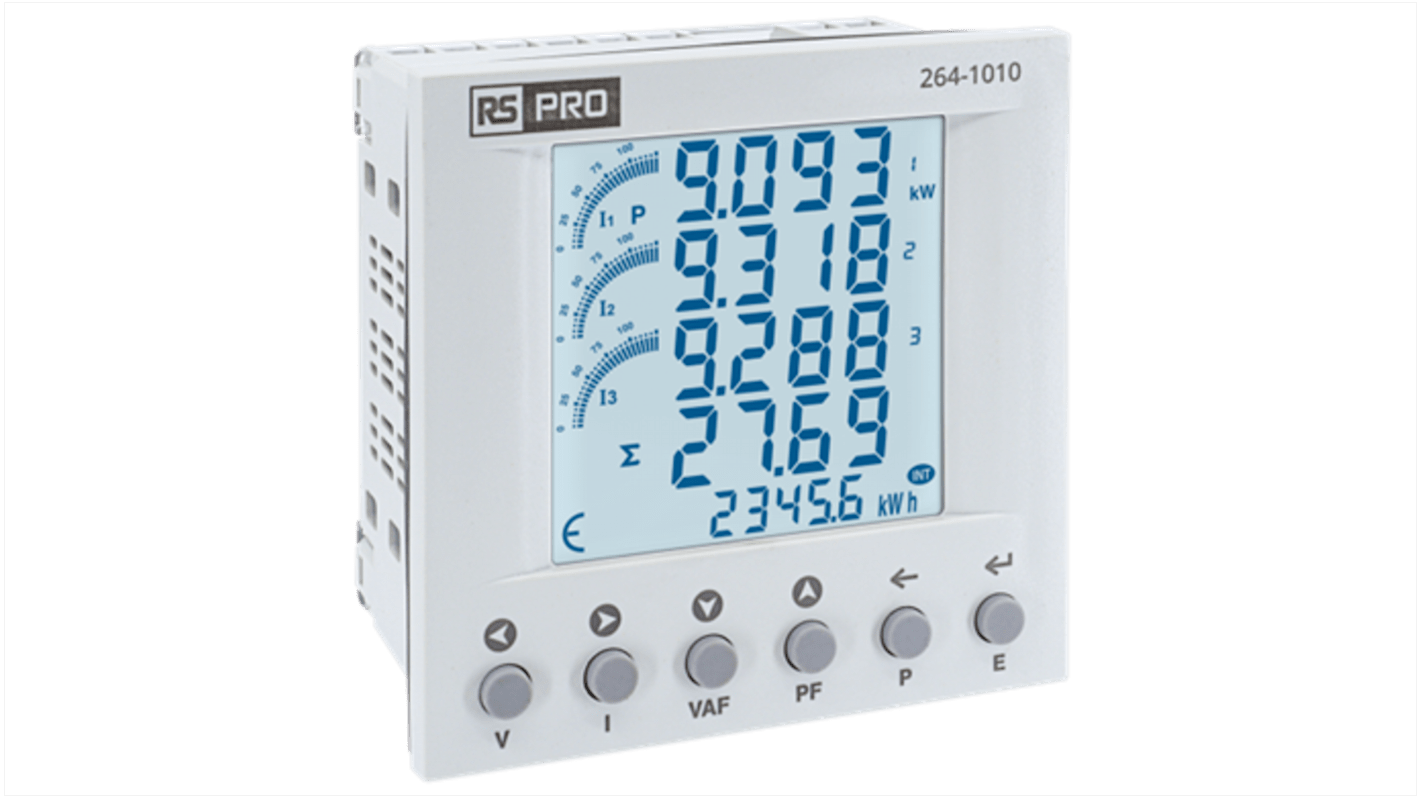 RS PRO Energiemessgerät LCD 91.5mm x 91.5mm , 8-stellig / 3-phasig 1 (Impuls) Ausg. 3 x (Stromwandler) 3 x (Spannung)