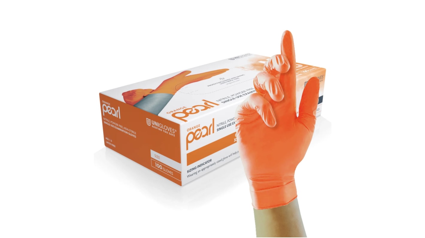 Guantes desechables Uniglove sin polvo de Nitrilo Naranja, talla L, caja de 100 unidades