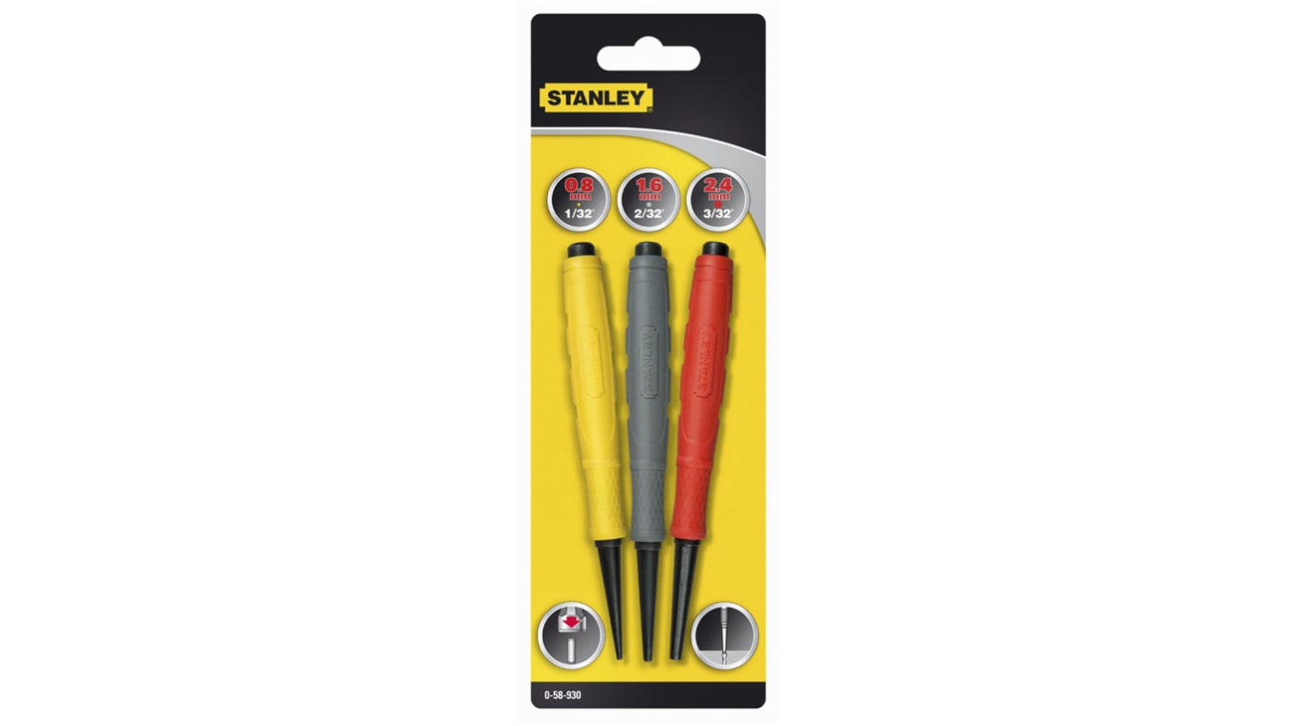058930 Stanley 3Piece Punch Set, Pin Punch, 0.8 → 2.4 mm Shank RS