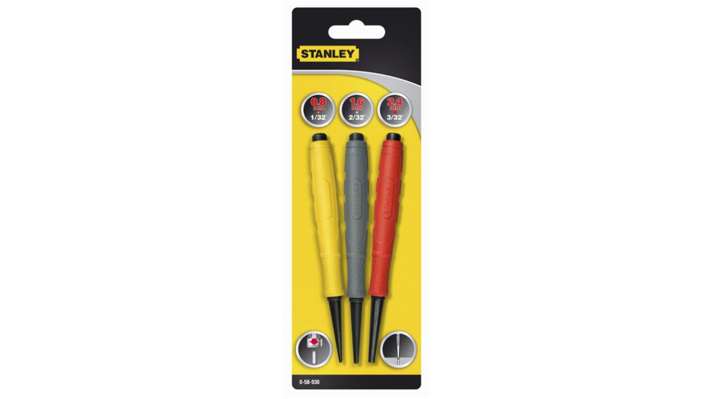 Stanley 3-Piece Punch Set, Pin Punch, 0.8 → 2.4 mm Shank