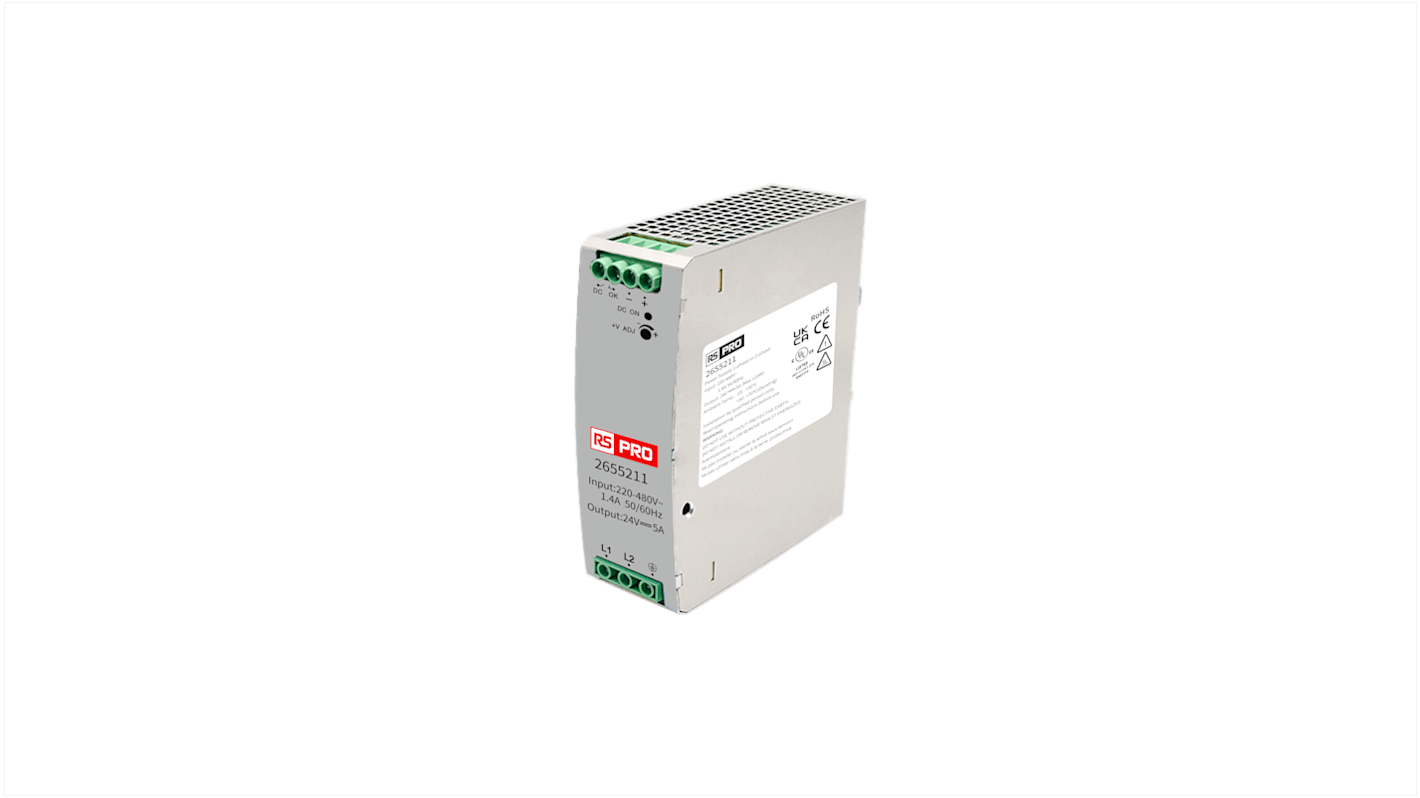 RS PRO Switched Mode DIN Rail Power Supply, 180 → 600 V ac / 254 → 848V dc ac, dc Input, 24 → 28V