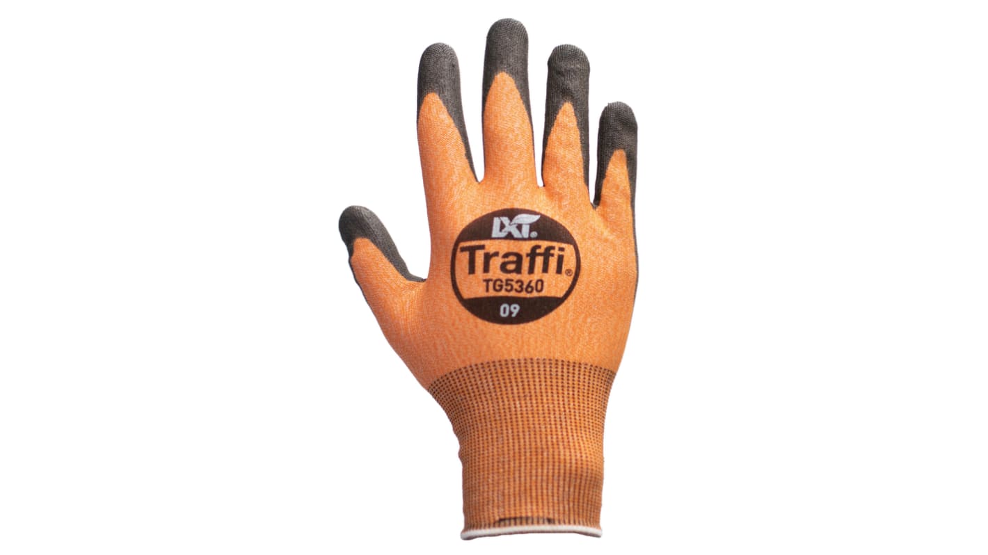 Traffi TG5360 Black, Orange Elastane, HPPE, Nylon, Polyester Safety Gloves, Size 6, XS, Polyurethane Coating