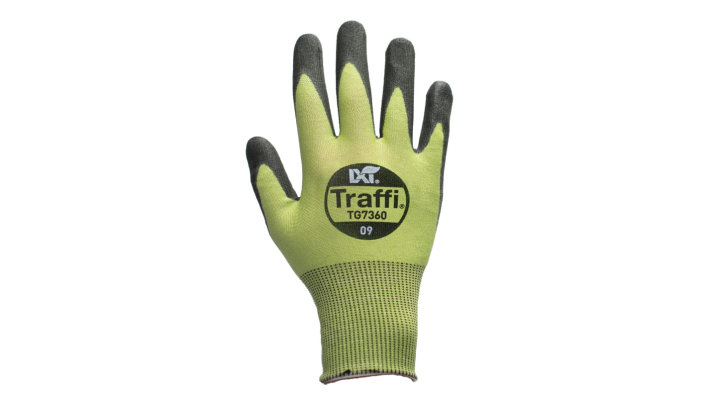 Traffi TG7360 Black, Green Elastane, HPPE, Nylon, Polyester Safety Gloves, Size 9, Polyurethane Coating