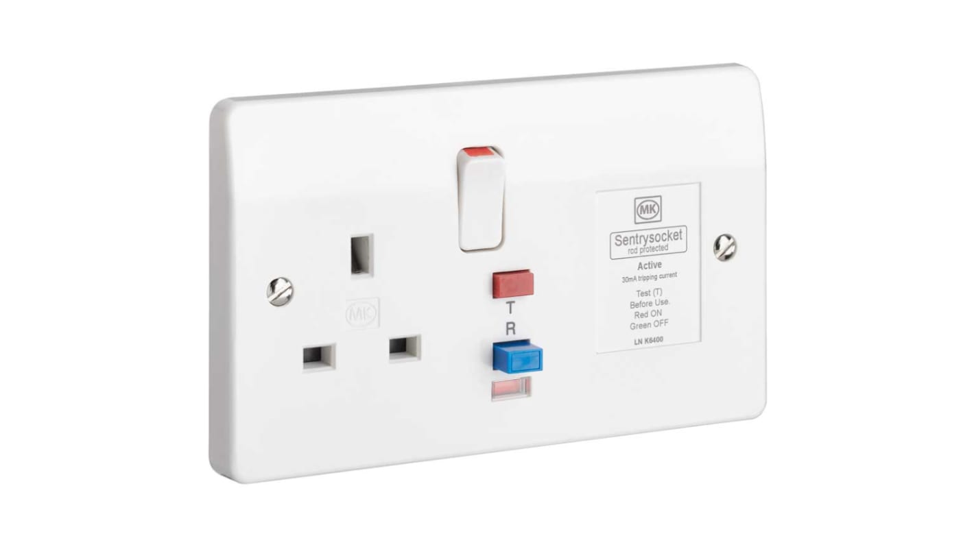 MK Electric RCD-aljzat 13A 1 aljzatos, RCD: Aktív, Fehér, Logic Plus sorozat 240 V AC