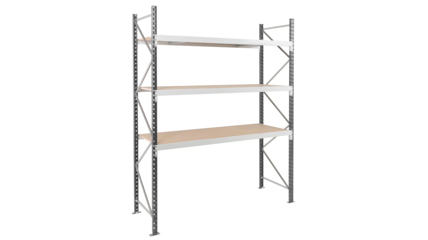 Manorga RAL 7035 Light Grey 3 Shelf Chipboard, Galvanised Steel Modular Shelving Starter Bay, 2000mm x 1500mm, 800mm,