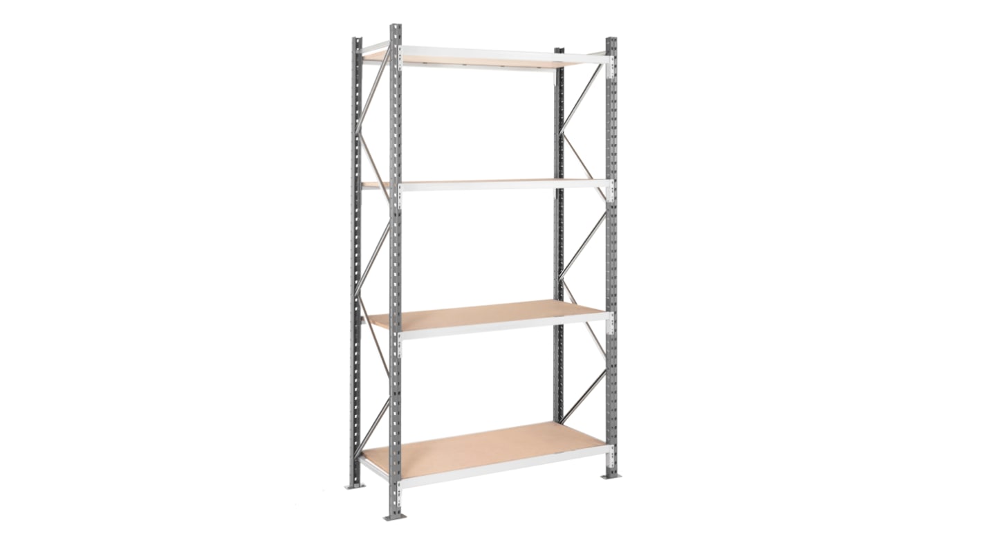 Manorga RAL 7035 Light Grey 4 Shelf Chipboard, Galvanised Steel Modular Shelving Starter Bay, 2500mm x 1500mm, 800mm,