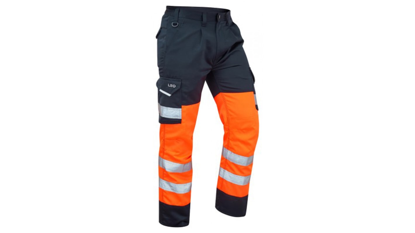 Pantalones de alta visibilidad Leo Workwear, talla 30plg, de color Naranja/azul marino, Resistente a manchas,