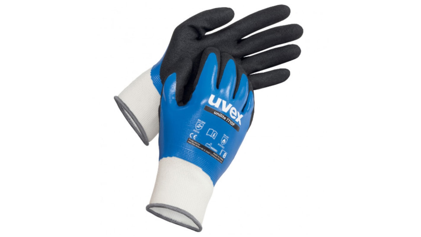 Uvex Unilite 7710F Black, Blue Polyester Abrasion Resistant Work Gloves, Size 11, NBR Coating