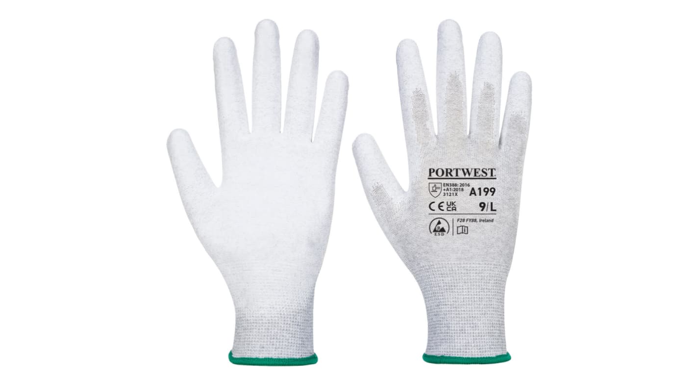 Portwest A199 Grey Nylon ESD Protection Gloves, Size 8, Polyurethane Coating