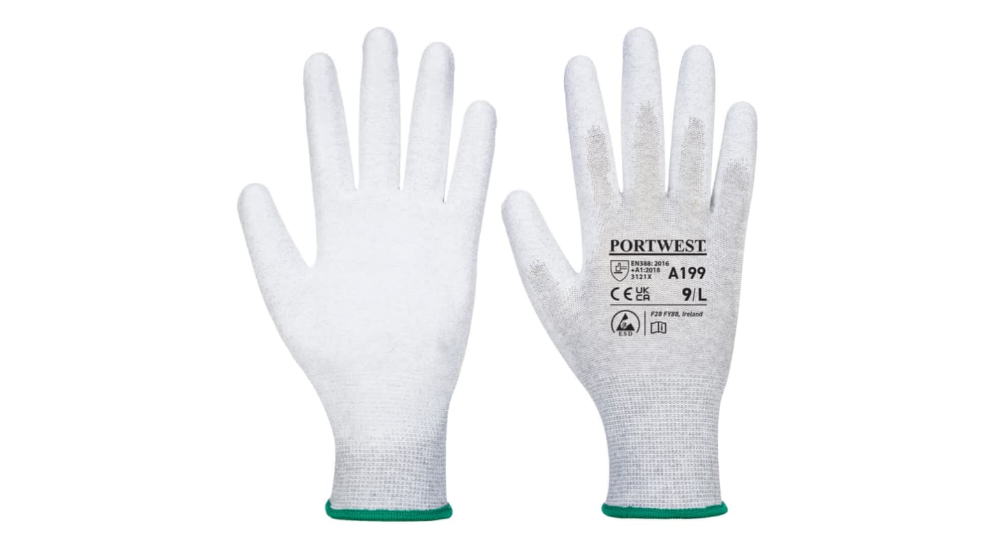 Guantes de Nylon Gris Portwest serie A199, talla 8, con recubrimiento de Poliuretano, Protección contra descarga