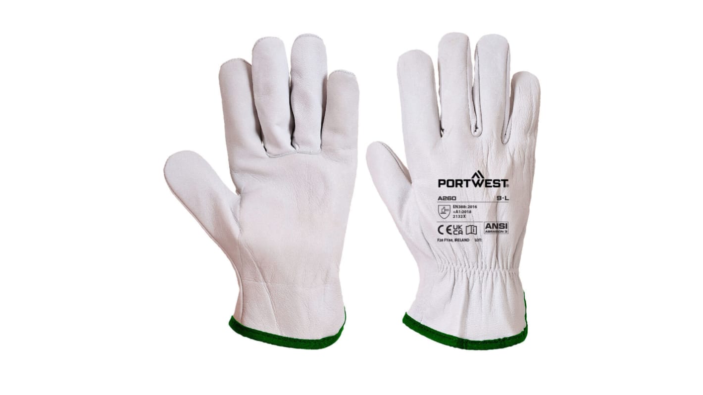 Portwest White Leather Construction Gloves, Size 9, Large