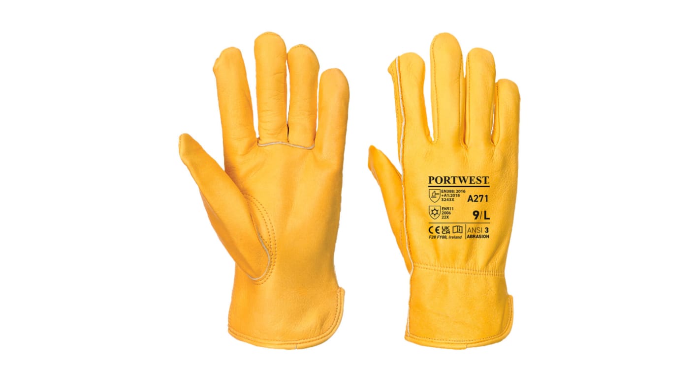 Portwest A271 Yellow Leather Construction Gloves, Size 9, L