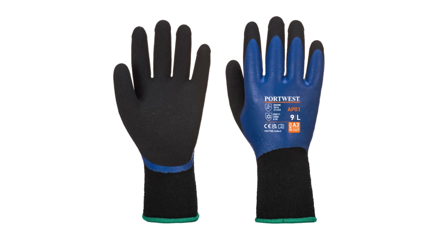 Guantes de Látex Negro Portwest, talla 10, con recubrimiento de Látex, Resistente al frío