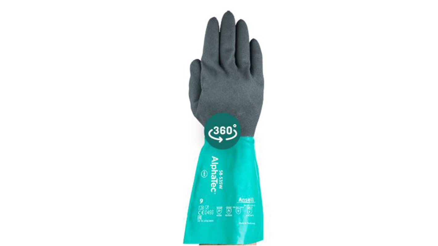 Guantes de Nylon Verde Ansell serie AlphaTec 58-535W, talla 9, con recubrimiento de Nitrilo, Resistentes a la abrasión,