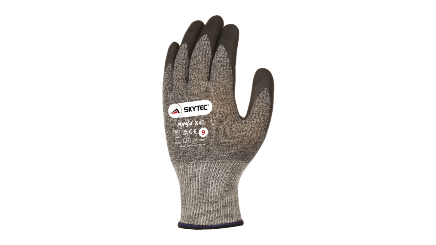 Showa Skytec Ninja X4 Black, Grey Glass Fibre, Nylon Cut Resistant Work Gloves, Size 9, Large, Bi-Polymer Coating