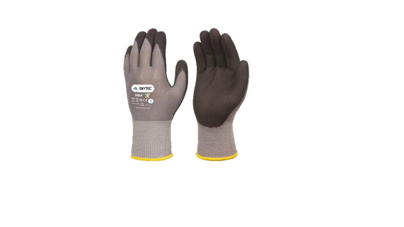 Showa Skytec Aria Black, Grey Nylon, Spandex Abrasion Resistant, Extra Grip Work Gloves, Size 9, Nitrile Foam Coating