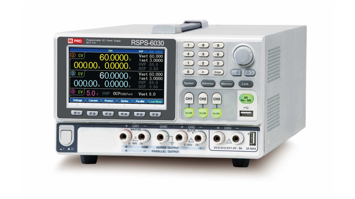 RS PRO RSPS-6030 3-Kanal Programmier Labornetzgerät 385W, 60V / 3A