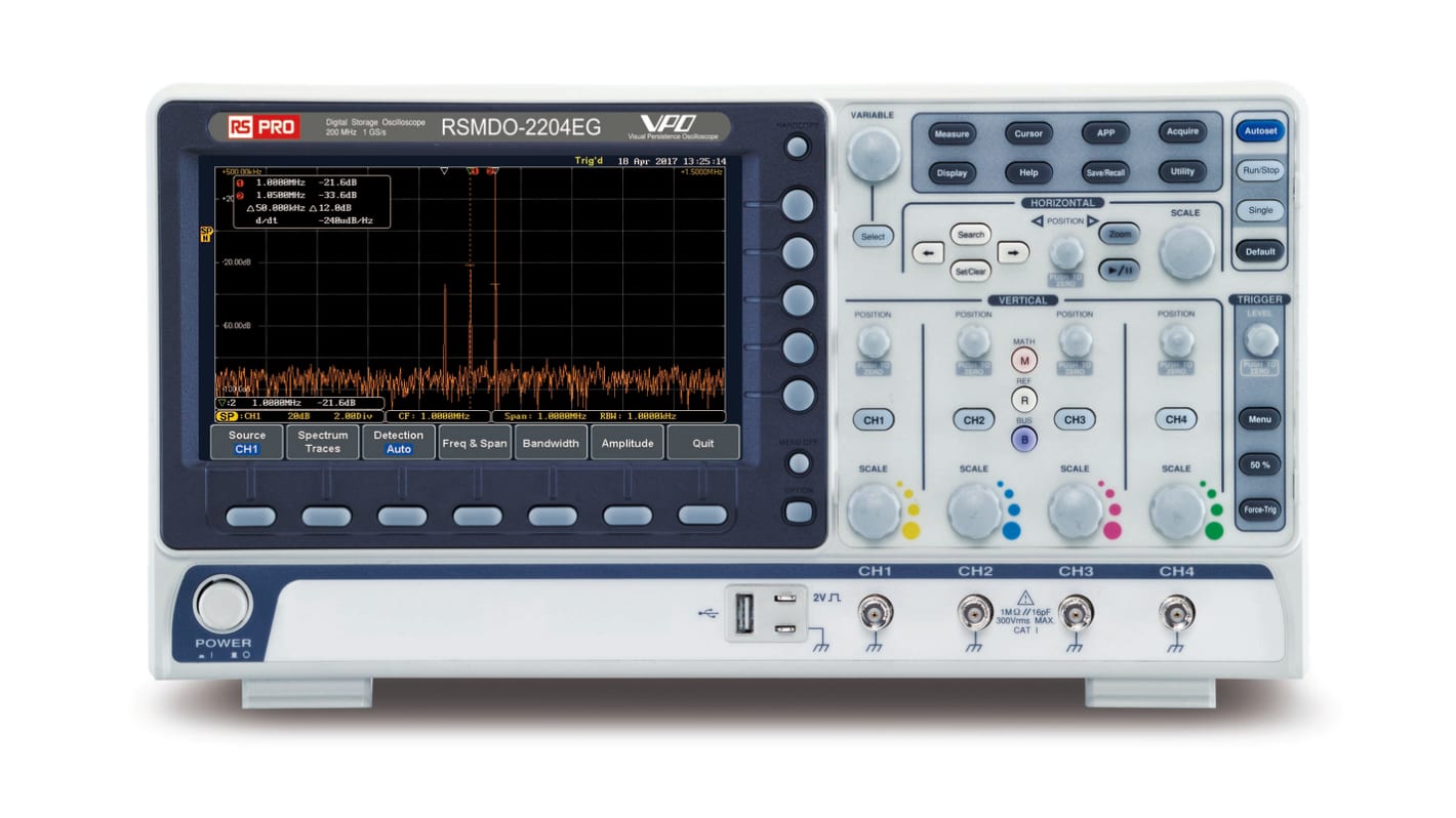 Osciloscopio de banco RS PRO RSMDO-2204EG, calibrado UKAS, canales:4 A, 200MHZ, pantalla de 8plg, interfaz CAN, IIC,