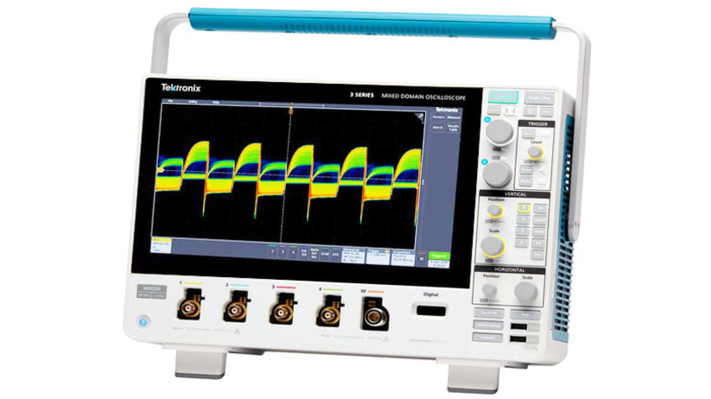 Osciloscopio de banco Tektronix MDO32, calibrado RS, canales:2 A, 16 D, 500MHZ, pantalla de 11.6plg, interfaz CAN, IIC,