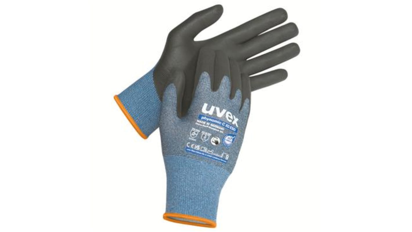 Guantes de trabajo de Carbono, Elastano, Fibra de vidrio, HPPE, Poliamida Negro Uvex serie phynomic C XG ESD, talla 6,