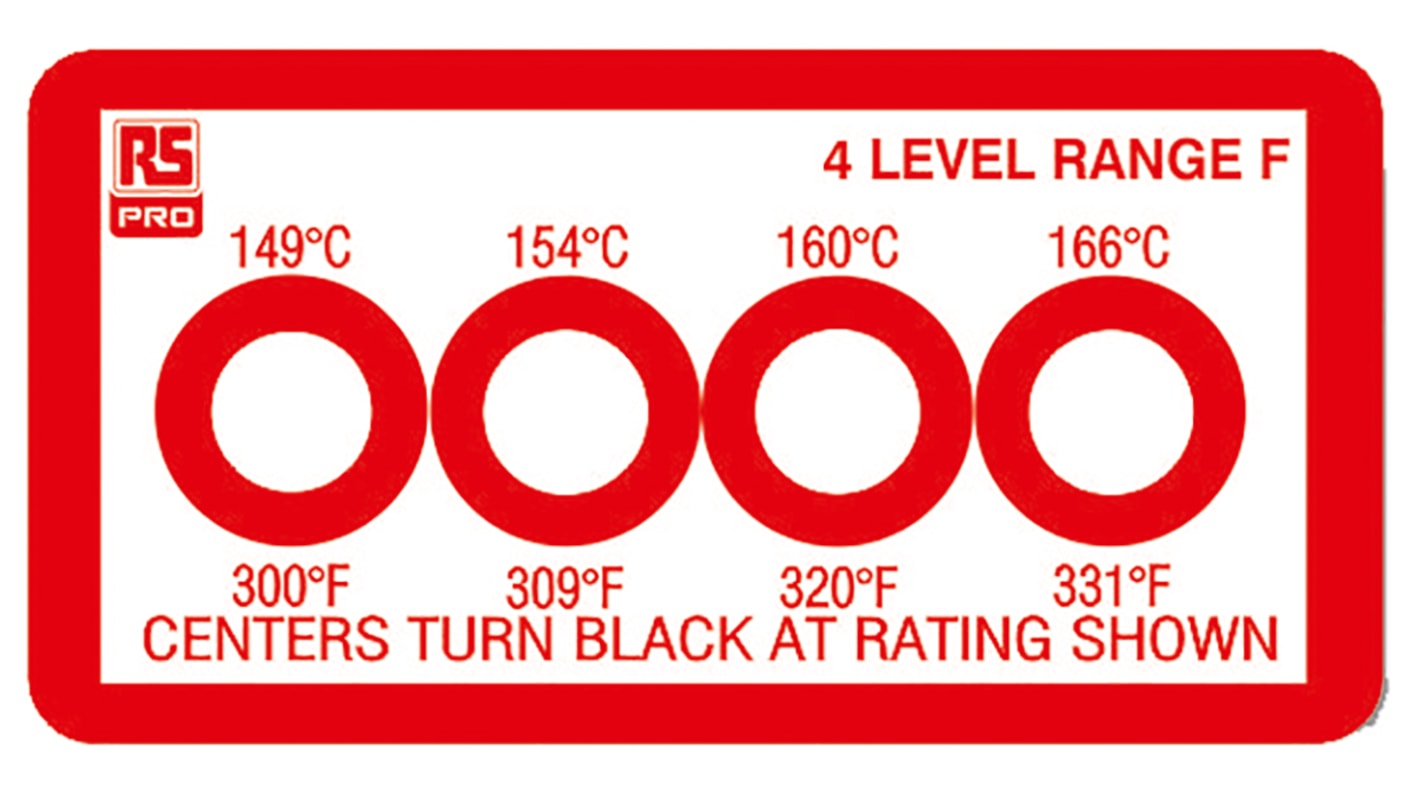 Etiquetas termosensibles no reversibles RS PRO de 149°C → +166°C con 4 niveles, dim. 45mm x 23mm
