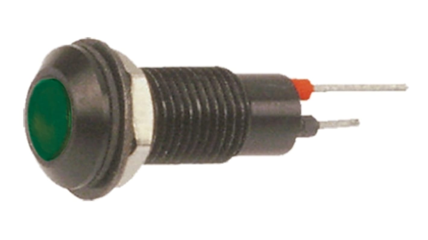 Marl Grøn Lysdiode Panelmonteret kontrollampe 6.4mm hulstr., Fremspringende, 24V dc, Sort frontramme