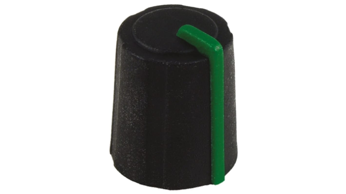 Mando de potenciómetro Sifam 10mm, eje 6mm, diámetro 11.5mm, Color Negro, indicador Verde Con forma de D