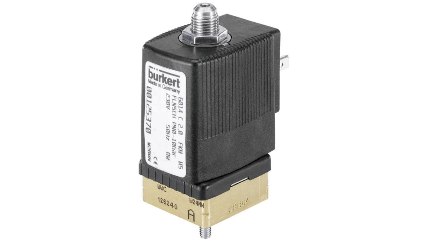 Válvula de solenoide Burkert 6014 de 3 puertos, G 1/8", Directo, NC de 230 V ac