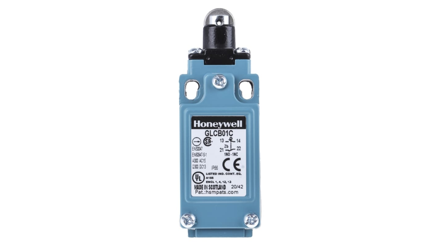 Honeywell GLC Series Roller Plunger Limit Switch, NO/NC, IP66, SPDT 1NO/1NC, Die Cast Zinc Housing, 300V ac Max, 10A Max