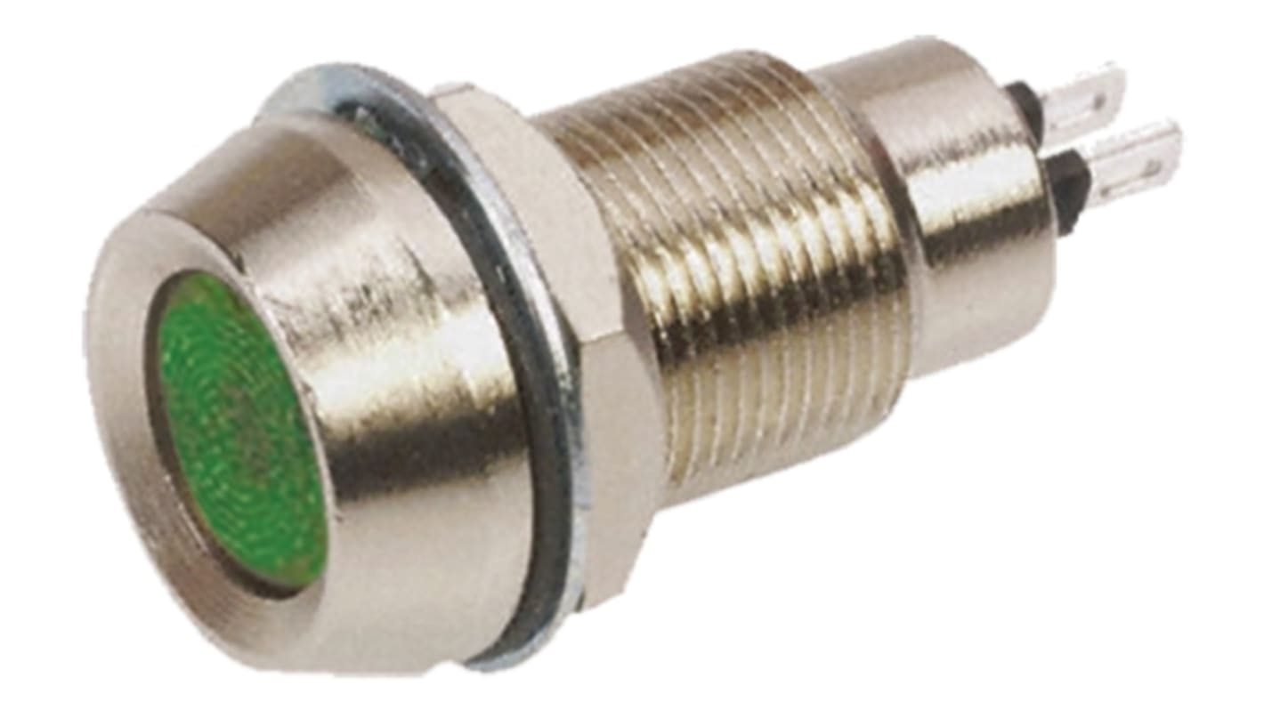 Marl Green Indicator, 12V dc, 12.7mm Mounting Hole Size, Solder Tab Termination