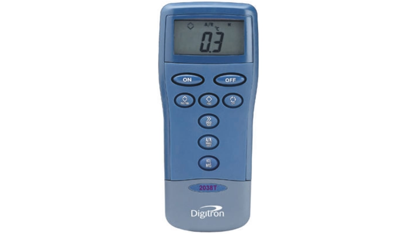 Digitron 2038T Handheld Digital Thermometer for Industrial Use, J, K, N, R, S, T Probe, 2 Input(s), +1750°C Max, ±0.5 %