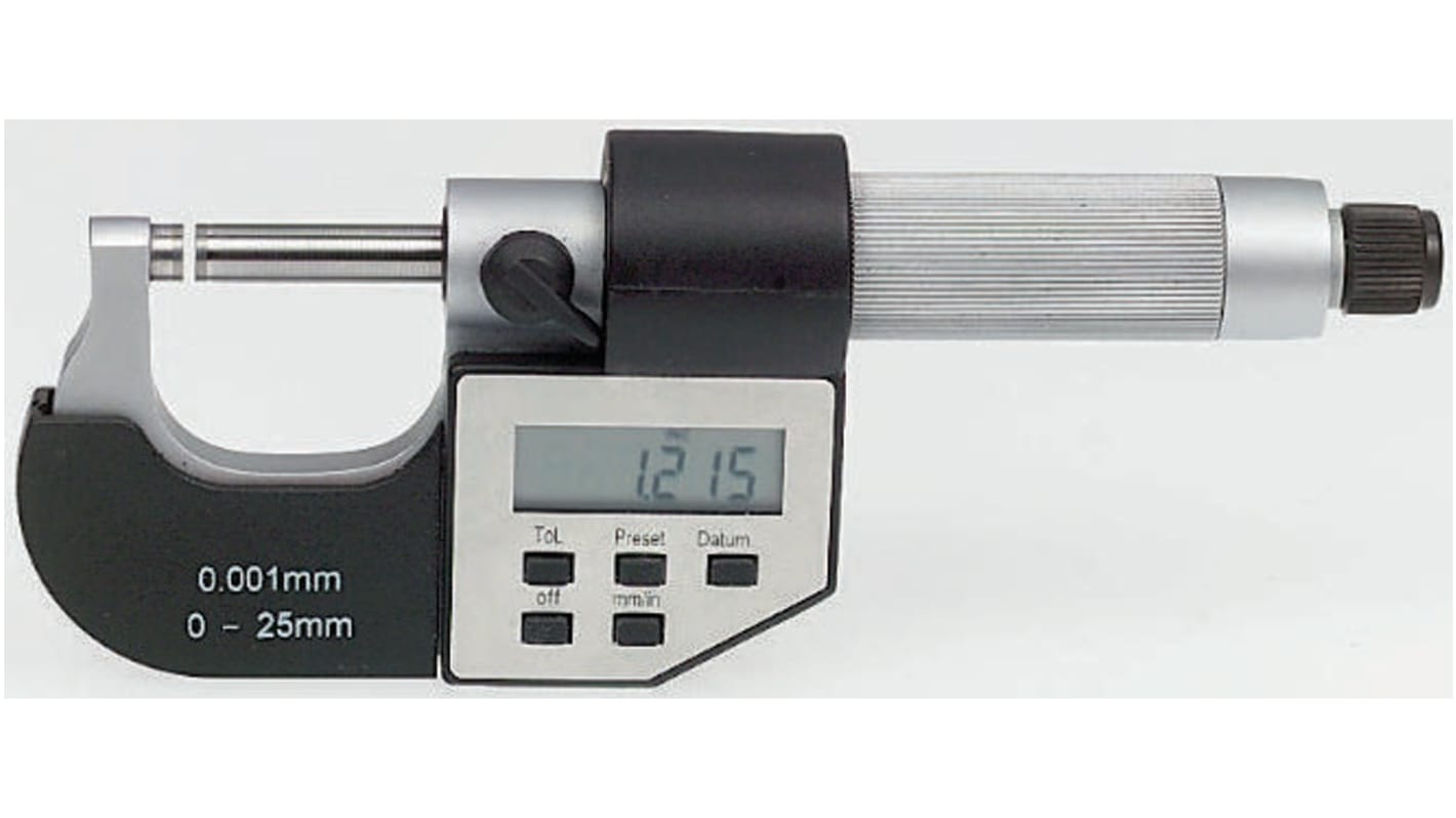 RS PRO Mikrométer, Pontosság:±0.002 mm , Felbontás:0.001 mm, 0mm-25mm