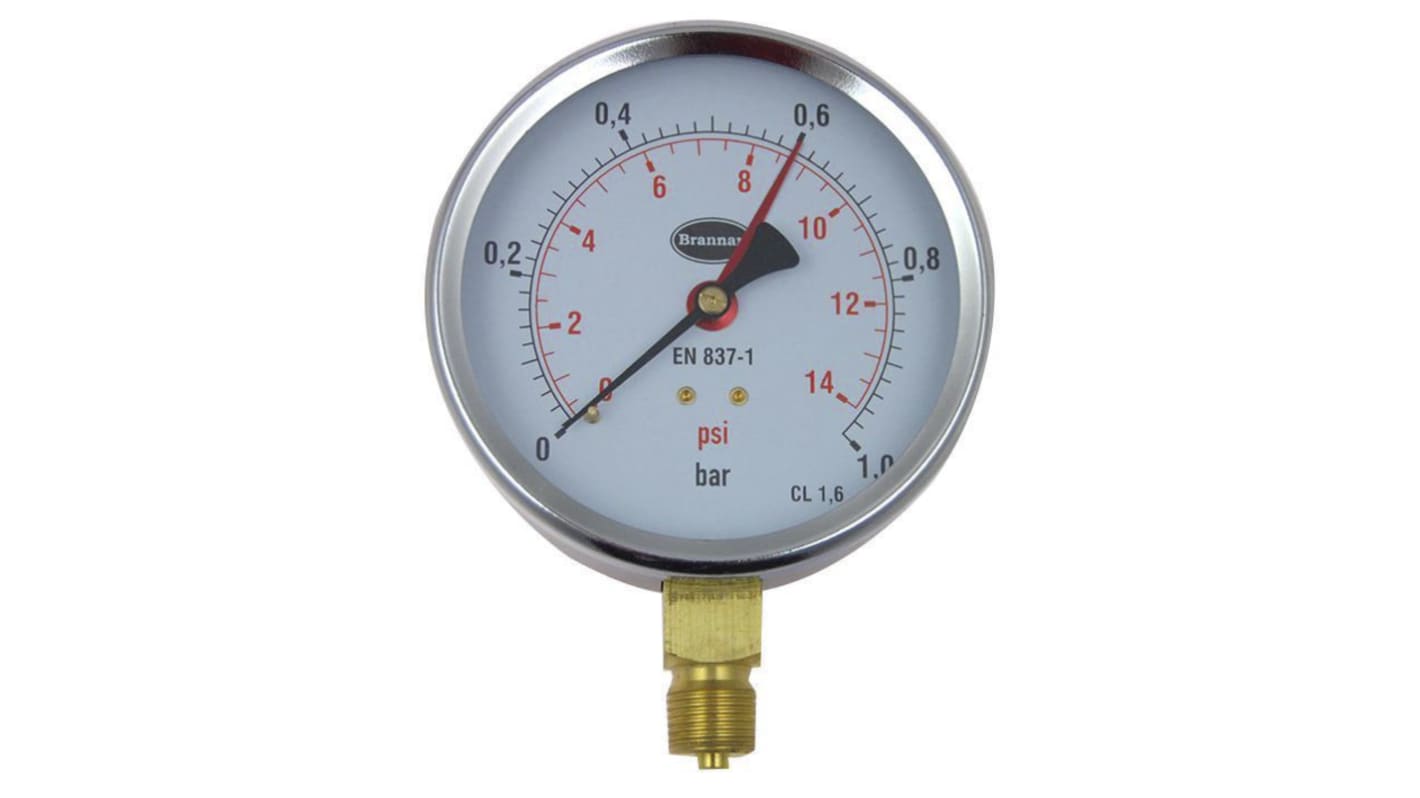 Brannan Druckmessgerät Prozessanschluss unten Analog 0bar → 1bar, Ø 100mm Stahl Gehäuse G3/8