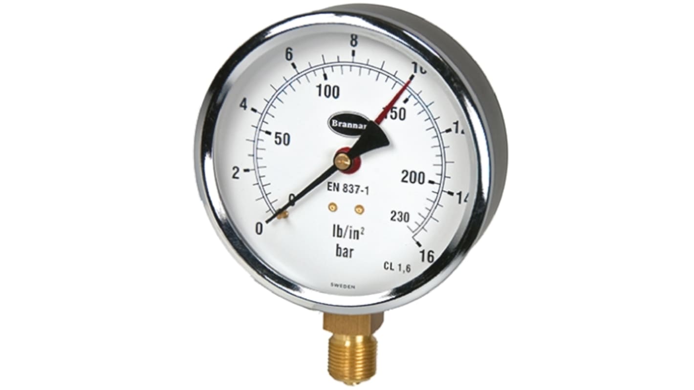 Brannan G 3/8 Analogue Pressure Gauge 16bar Bottom Entry, 34/656/0, 0bar min.