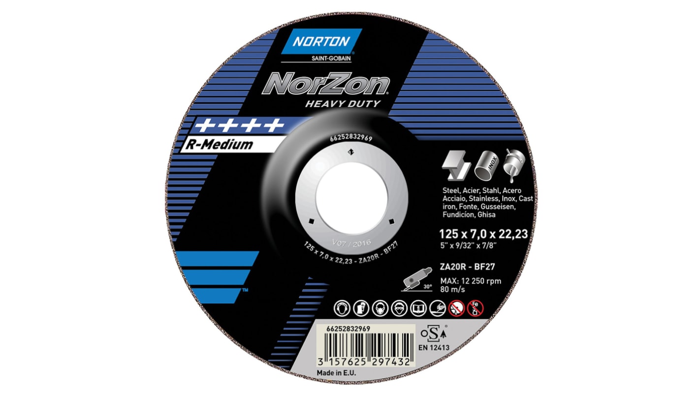 Norton Grinding Disc Zirconium Grinding Disc, 180mm x 7mm Thick, P24 Grit, Norzon Heavy duty, 5 in pack