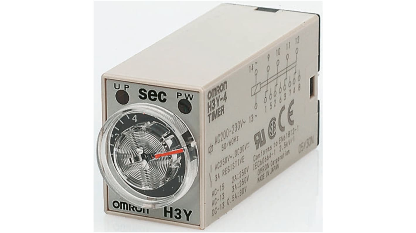 Omron H3Y-2 Series Plug In Timer Relay, 200 → 230V ac, 8-Contact, 2 → 60s, 1-Function