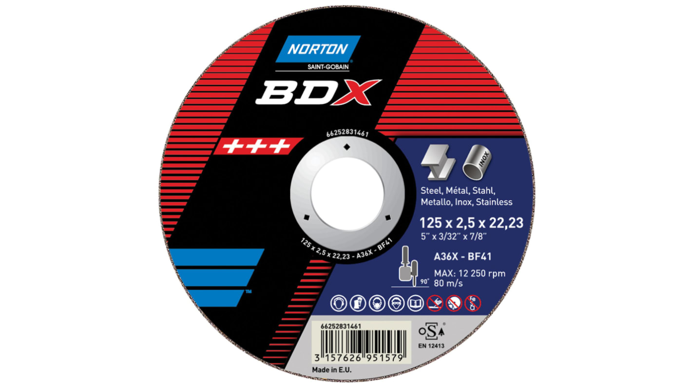 Norton Cutting Disc Aluminium Oxide Cutting Disc, 115mm x 3.2mm Thick, P36 Grit, BDX, 5 in pack