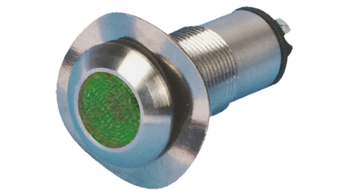 Marl Green Panel Mount Indicator, 12V dc, 13mm Mounting Hole Size, Solder Tab Termination, IP67