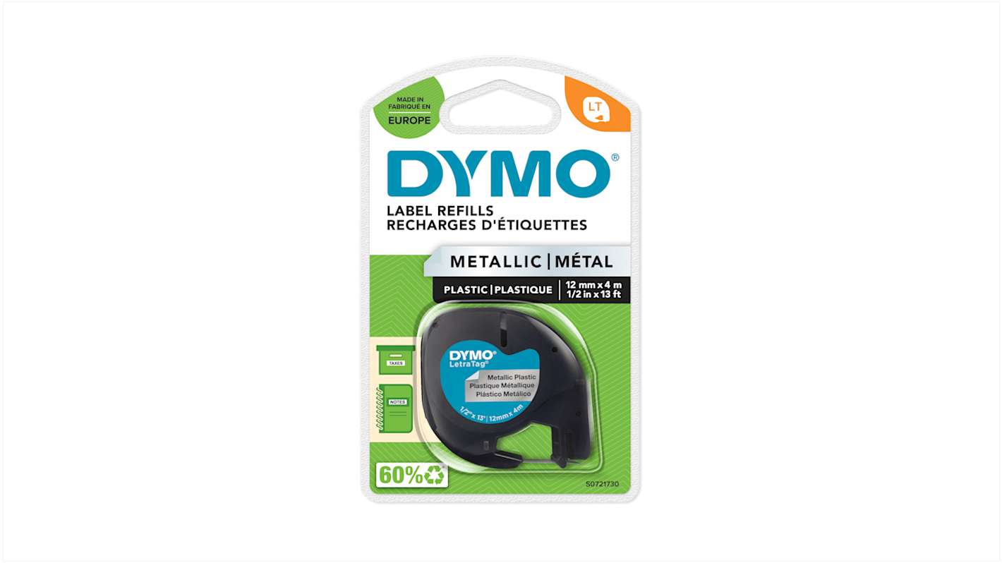 Cinta para impresora de etiquetas Dymo, color Negro sobre fondo Plata, 1 Roll, para usar con Dymo Letratag LT100H, Dymo