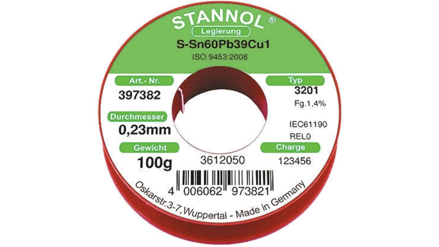 Stannol Lot 60%Sn 39%Pb 0.1 → 1%Cu, 183°C, Ø 0.23mm / 100g