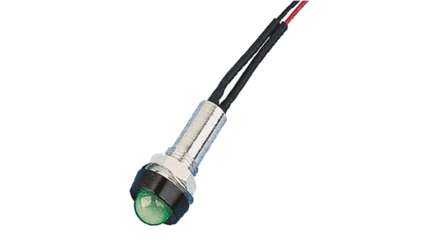 Indicador LED Oxley, Verde, lente prominente, marco Negro, Ø montaje 8mm, 110V ac, 5mA, 10mcd, IP68