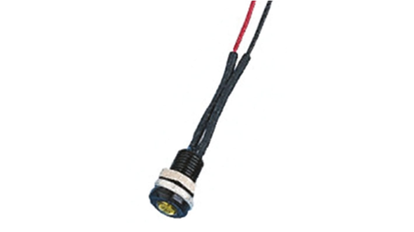 Indicador LED Oxley, Amarillo, lente enrasada, marco Negro, Ø montaje 6.4mm, 12V ac, 15mA, 375mcd, IP66