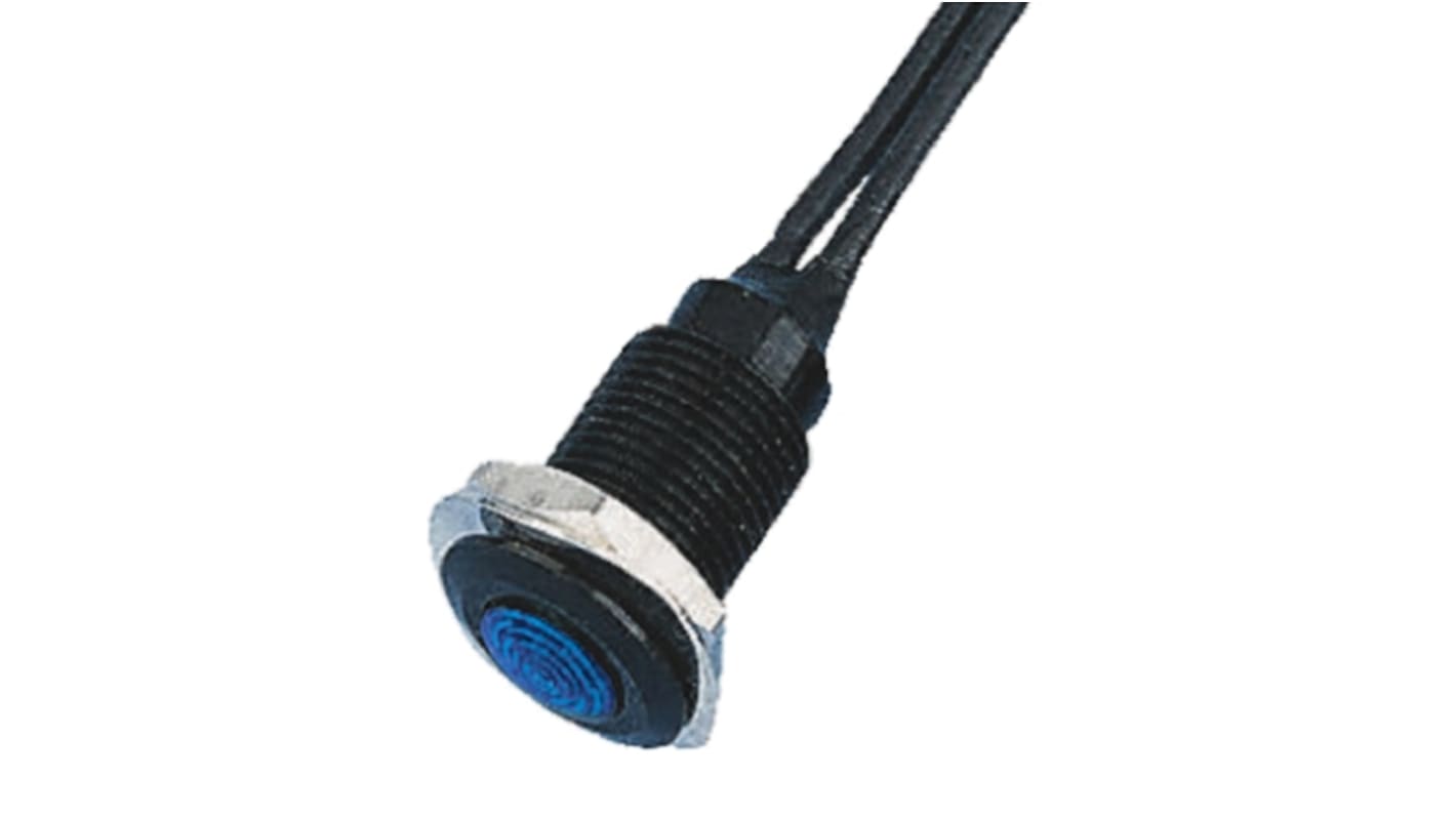 Indicador LED Oxley, Azul, lente enrasada, marco Negro, Ø montaje 10.2mm, 12V ac, 7.5mA, 450mcd, IP66