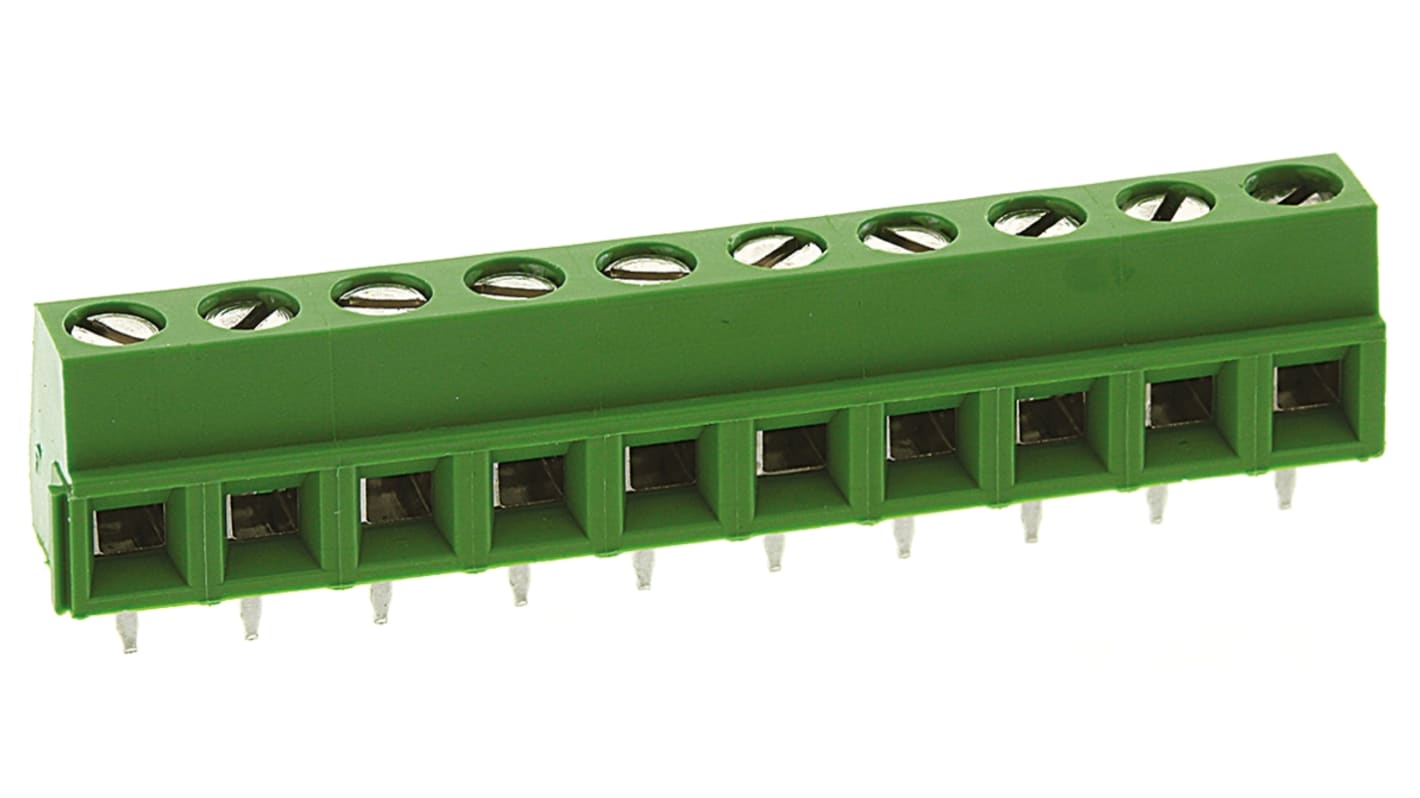 Borne para PCB TE Connectivity de 10 vías , paso 5mm, 13.5A, de color Verde, montaje Montaje en orificio pasante,
