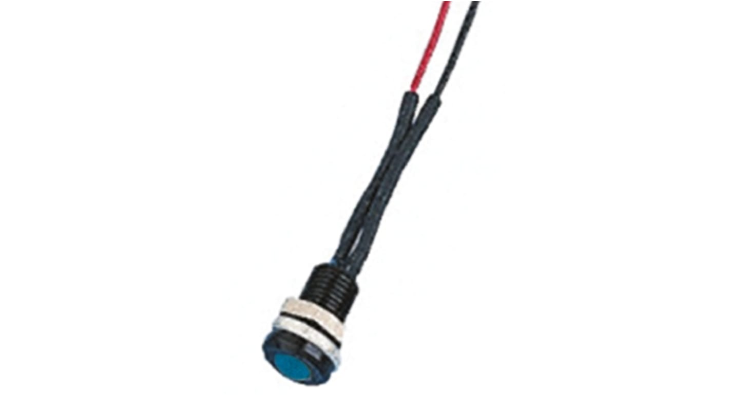 Indicador LED Oxley, Azul, lente enrasada, marco Negro, Ø montaje 6.4mm, 24V ac, 15mA, 450mcd, IP66