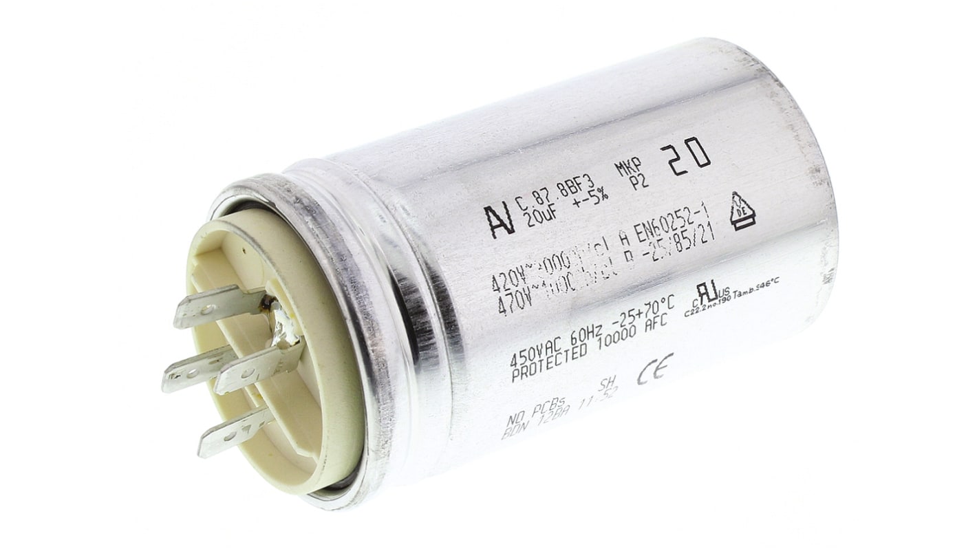 KEMET 20μF Polypropylene Capacitor PP 500V ac ±5% Tolerance Chassis Mount C87 Series