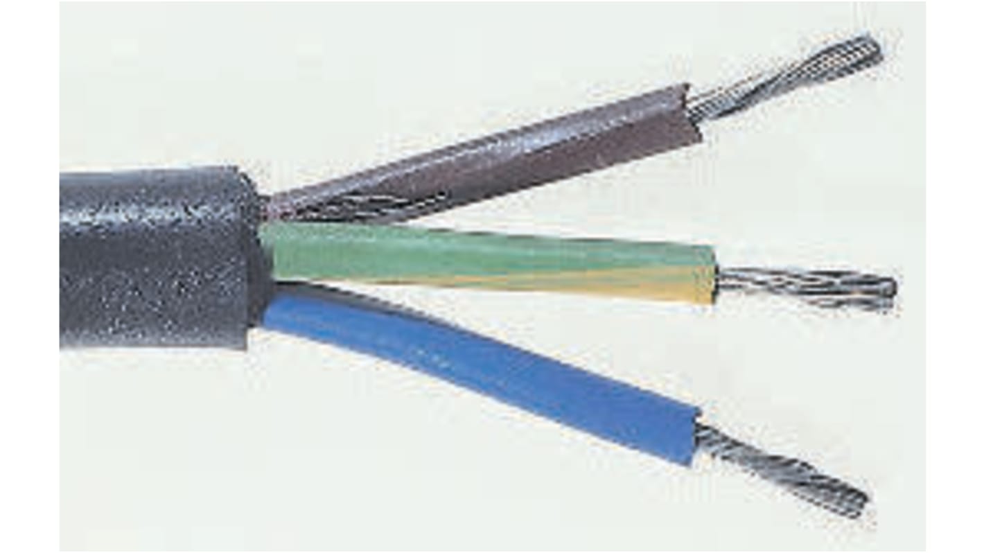 3 Core Mains Power Cable, 1.5 mm², 100m, Black Rubber Sheath