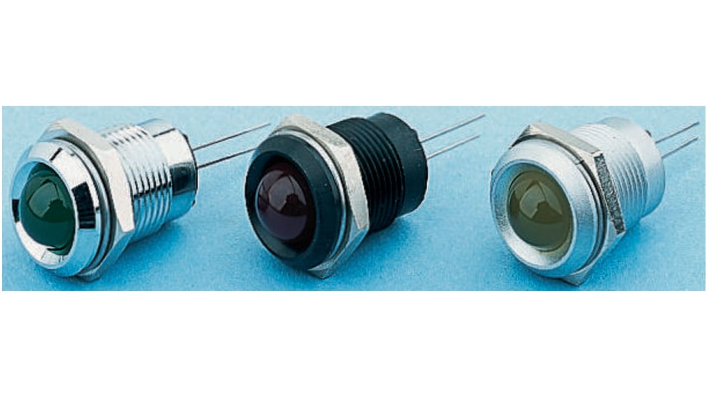 Indicador LED RS PRO, Amarillo, lente prominente, marco Cromo, Ø montaje 14mm, 2V dc, 20mA, 30mcd