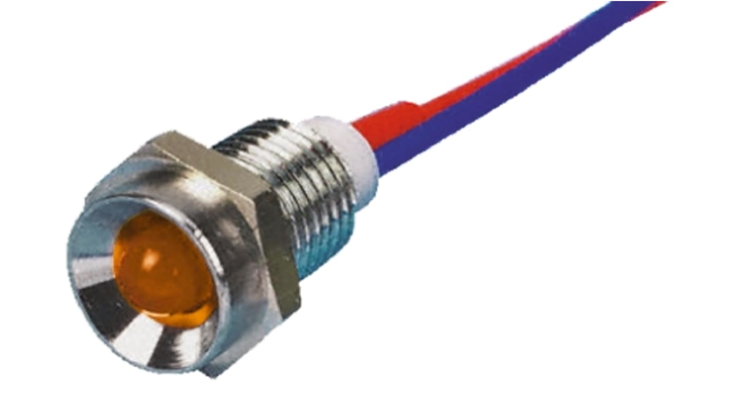 Indicador LED Tranilamp, Naranja, lente rebajada, marco Cromo, Ø montaje 9.5mm, 24V dc, 20mA