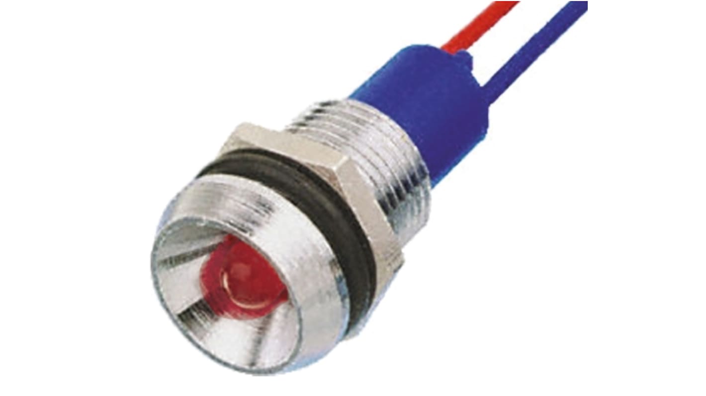 Indicador LED Tranilamp, Rojo, lente rebajada, marco Cromo, Ø montaje 12.7mm, 24V dc, 20mA, 7mcd